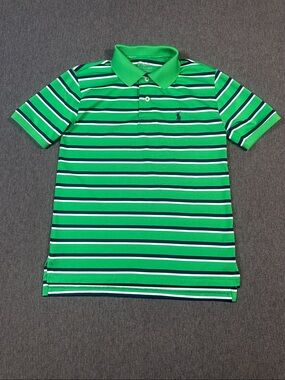 Polo Ralph Lauren Boys Performance Golf Striped Shirt Green Navy Size Small 8